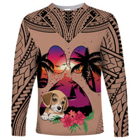 Polynesian Long Sleeve Shirt Dog Lover With Beagle - Sunset At The Beach Brown Ver - Wonder Print Shop