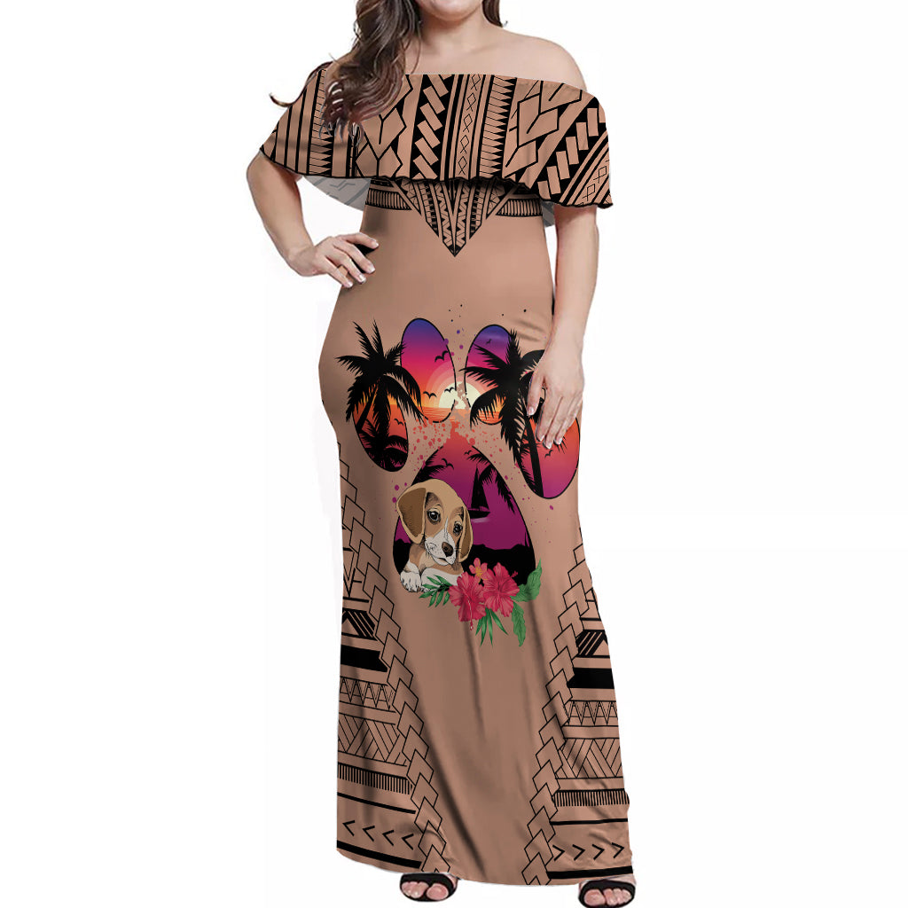 Polynesian Off Shoulder Maxi Dress Dog Lover With Beagle - Sunset At The Beach Brown Ver - Wonder Print Shop