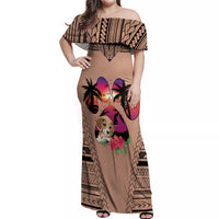 Polynesian Off Shoulder Maxi Dress Dog Lover With Beagle - Sunset At The Beach Brown Ver - Wonder Print Shop