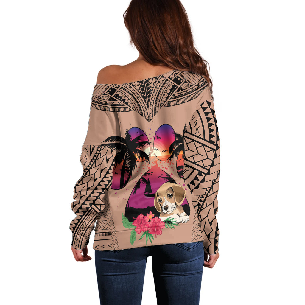 Polynesian Off Shoulder Sweater Dog Lover With Beagle - Sunset At The Beach Brown Ver - Wonder Print Shop