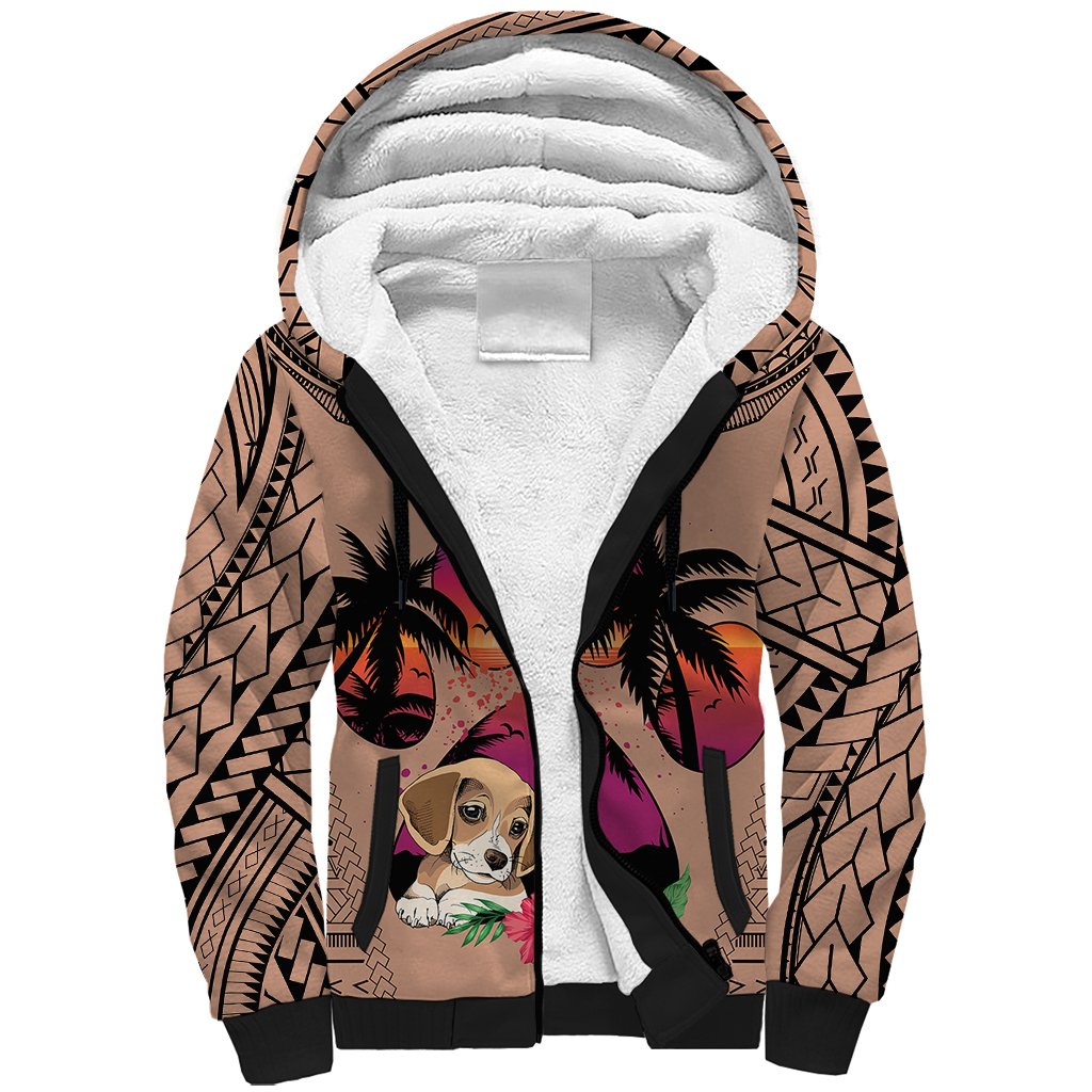 Polynesian Sherpa Hoodie Dog Lover With Beagle - Sunset At The Beach Brown Ver - Wonder Print Shop