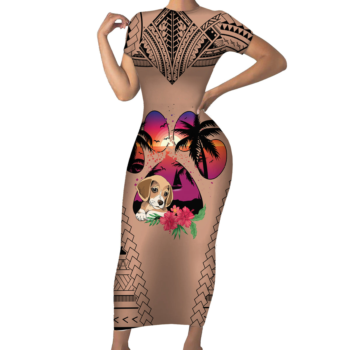 Polynesian Short Sleeve Bodycon Dress Dog Lover With Beagle - Sunset At The Beach Brown Ver - Wonder Print Shop