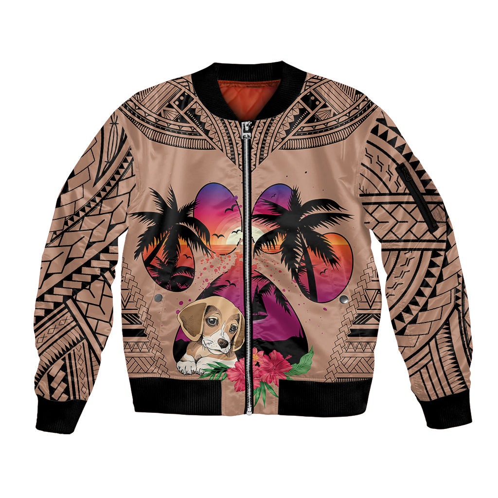 Polynesian Sleeve Zip Bomber Jacket Dog Lover With Beagle - Sunset At The Beach Brown Ver - Wonder Print Shop