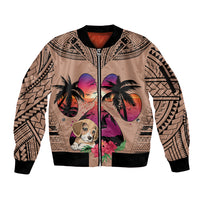 Polynesian Sleeve Zip Bomber Jacket Dog Lover With Beagle - Sunset At The Beach Brown Ver - Wonder Print Shop
