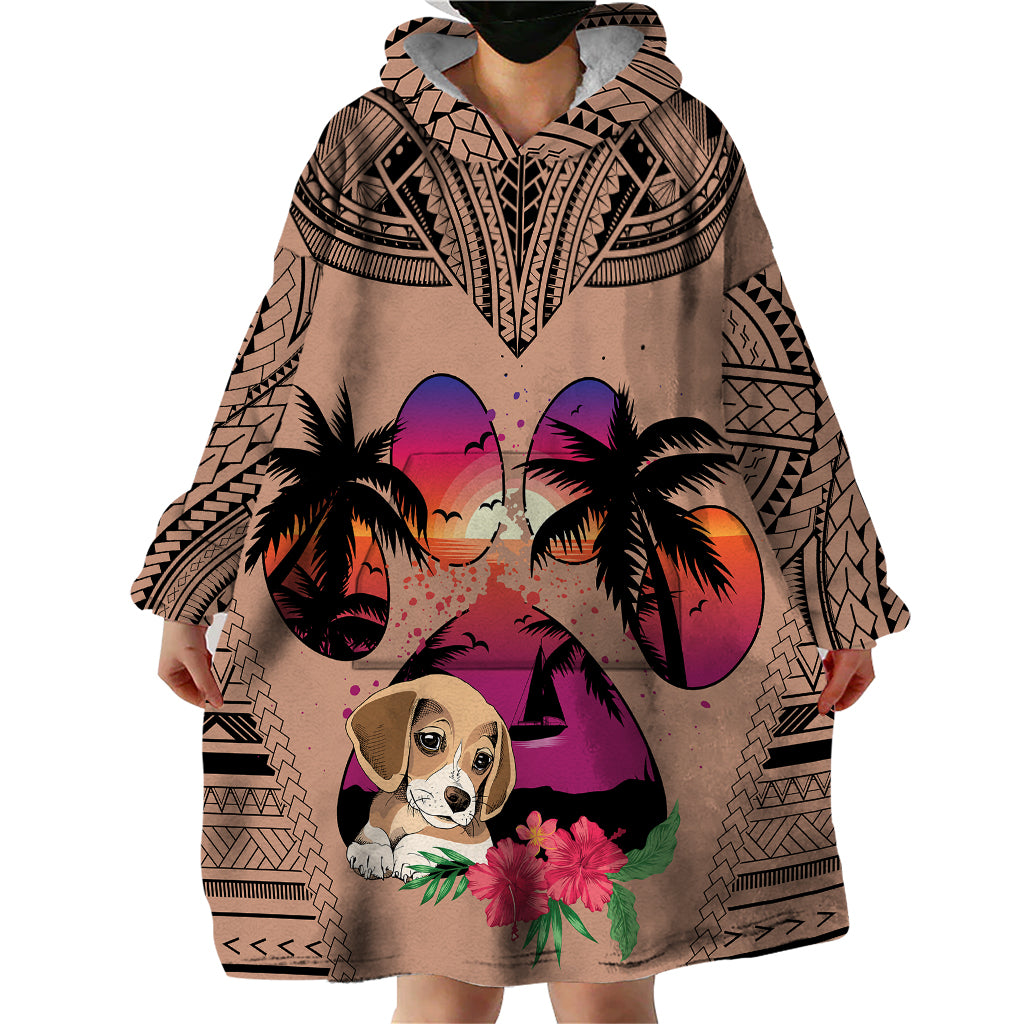 Polynesian Wearable Blanket Hoodie Dog Lover With Beagle - Sunset At The Beach Brown Ver - Wonder Print Shop