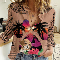 Polynesian Women Casual Shirt Dog Lover With Beagle - Sunset At The Beach Brown Ver - Wonder Print Shop