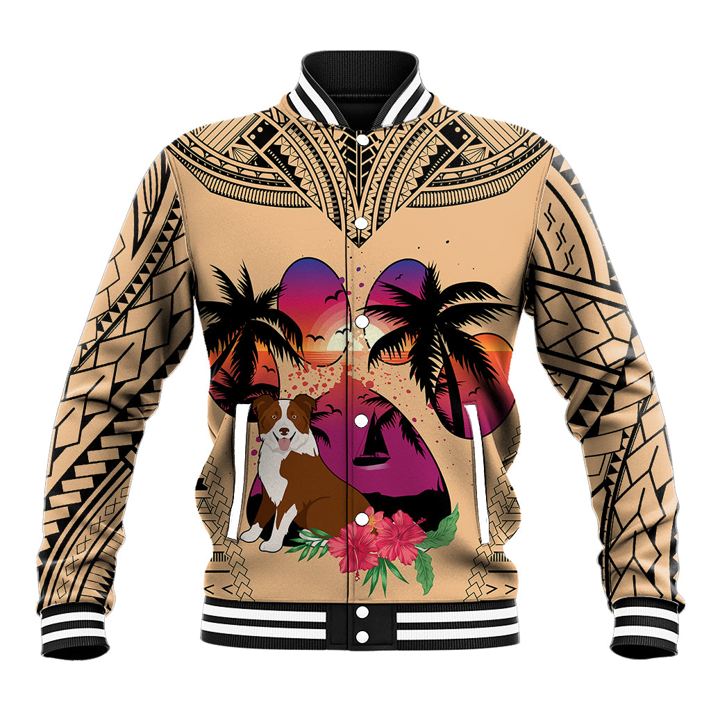 Polynesian Baseball Jacket Dog Lover With Border Collie - Sunset At The Beach LT7 - Wonder Print Shop