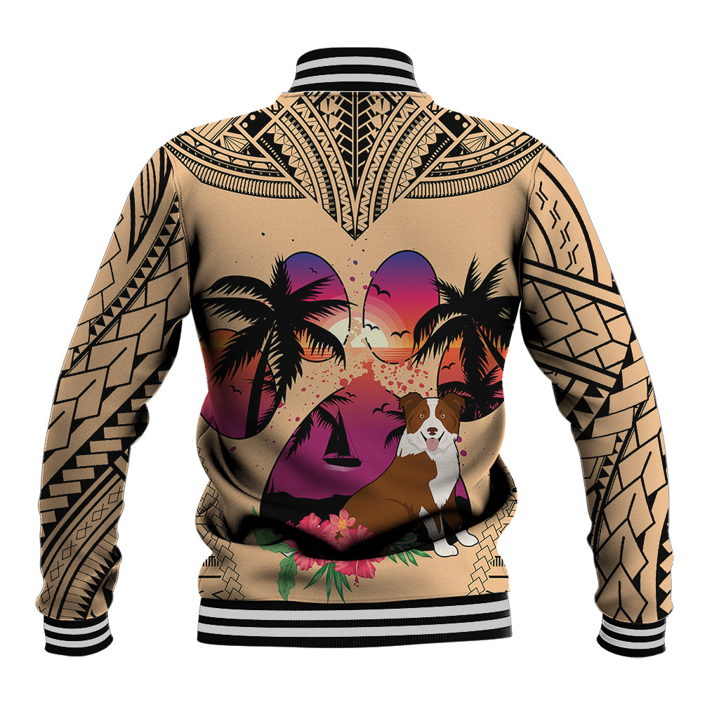 Polynesian Baseball Jacket Dog Lover With Border Collie - Sunset At The Beach LT7 - Wonder Print Shop