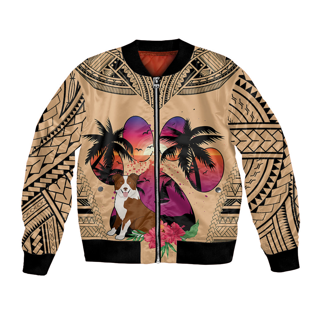 Polynesian Bomber Jacket Dog Lover With Border Collie - Sunset At The Beach LT7 - Wonder Print Shop