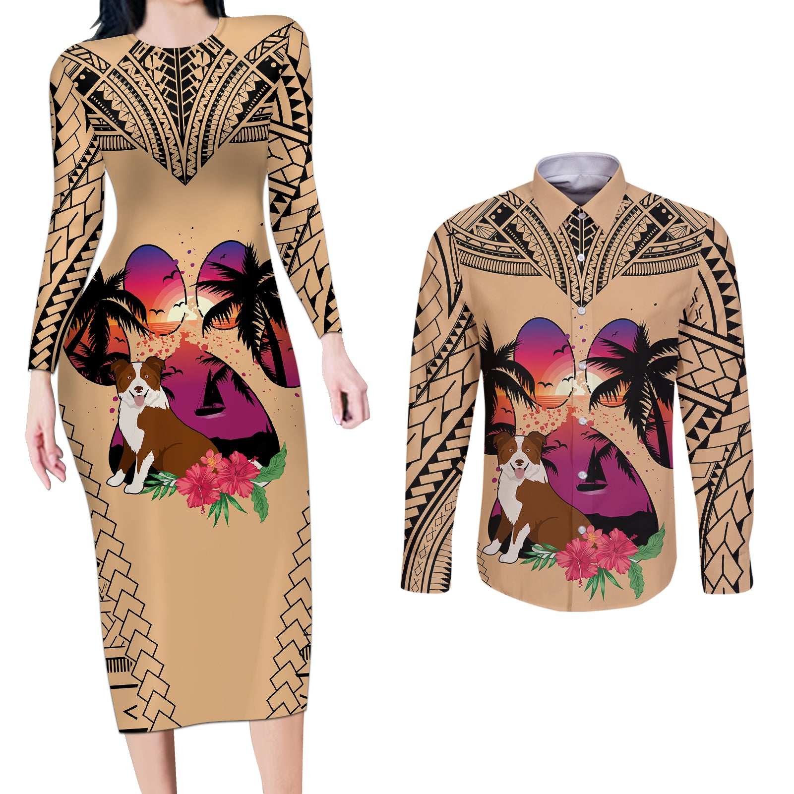Polynesian Couples Matching Long Sleeve Bodycon Dress and Long Sleeve Button Shirts Dog Lover With Border Collie - Sunset At The Beach LT7 - Wonder Print Shop