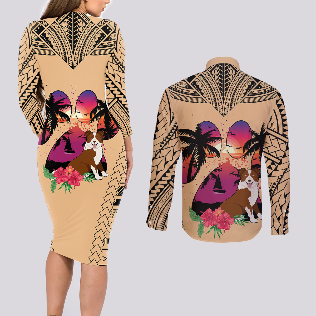 Polynesian Couples Matching Long Sleeve Bodycon Dress and Long Sleeve Button Shirts Dog Lover With Border Collie - Sunset At The Beach LT7 - Wonder Print Shop