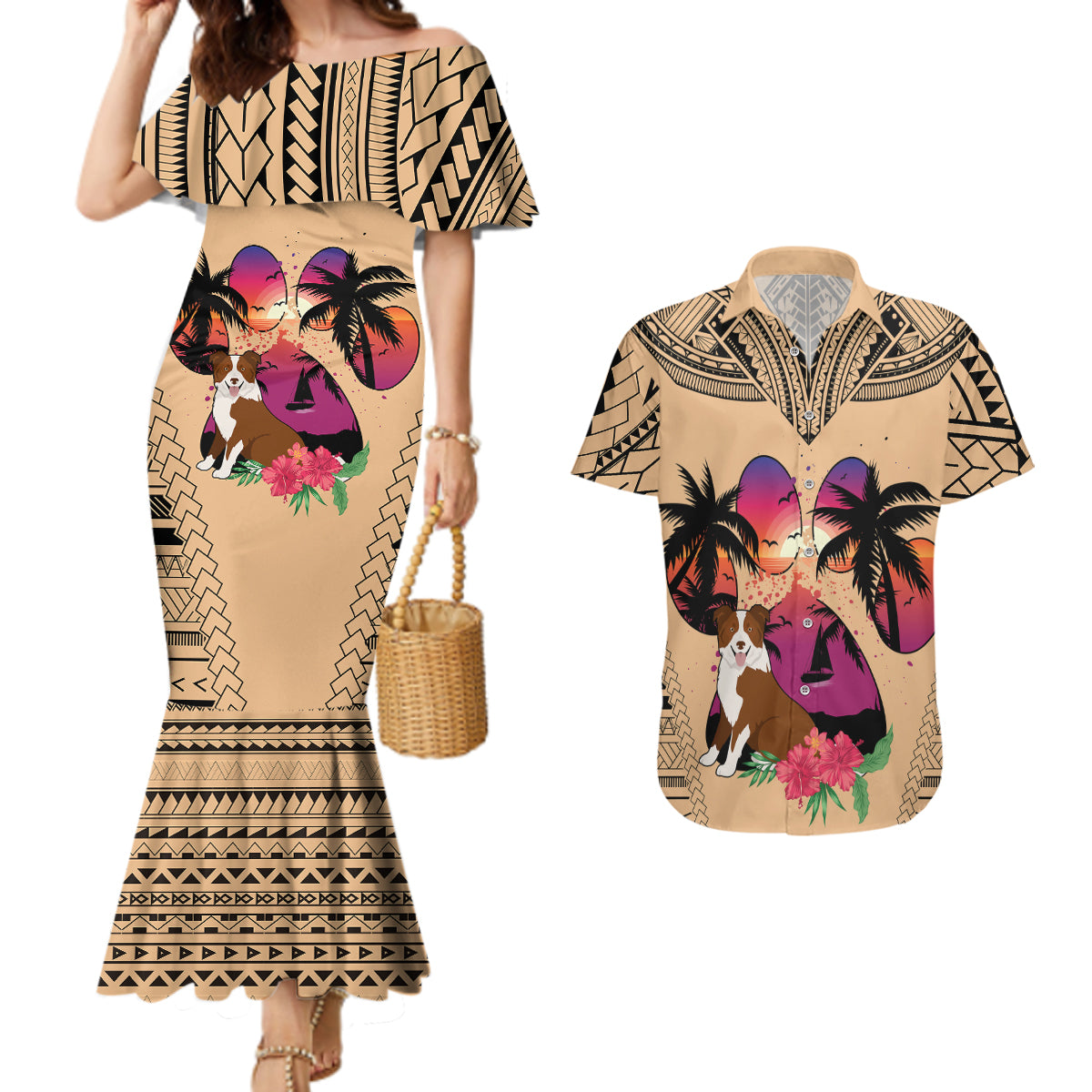Polynesian Couples Matching Mermaid Dress and Hawaiian Shirt Dog Lover With Border Collie - Sunset At The Beach LT7 - Wonder Print Shop