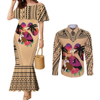 polynesian-couples-matching-mermaid-dress-and-long-sleeve-button-shirts-dog-lover-with-border-collie-sunset-at-the-beach