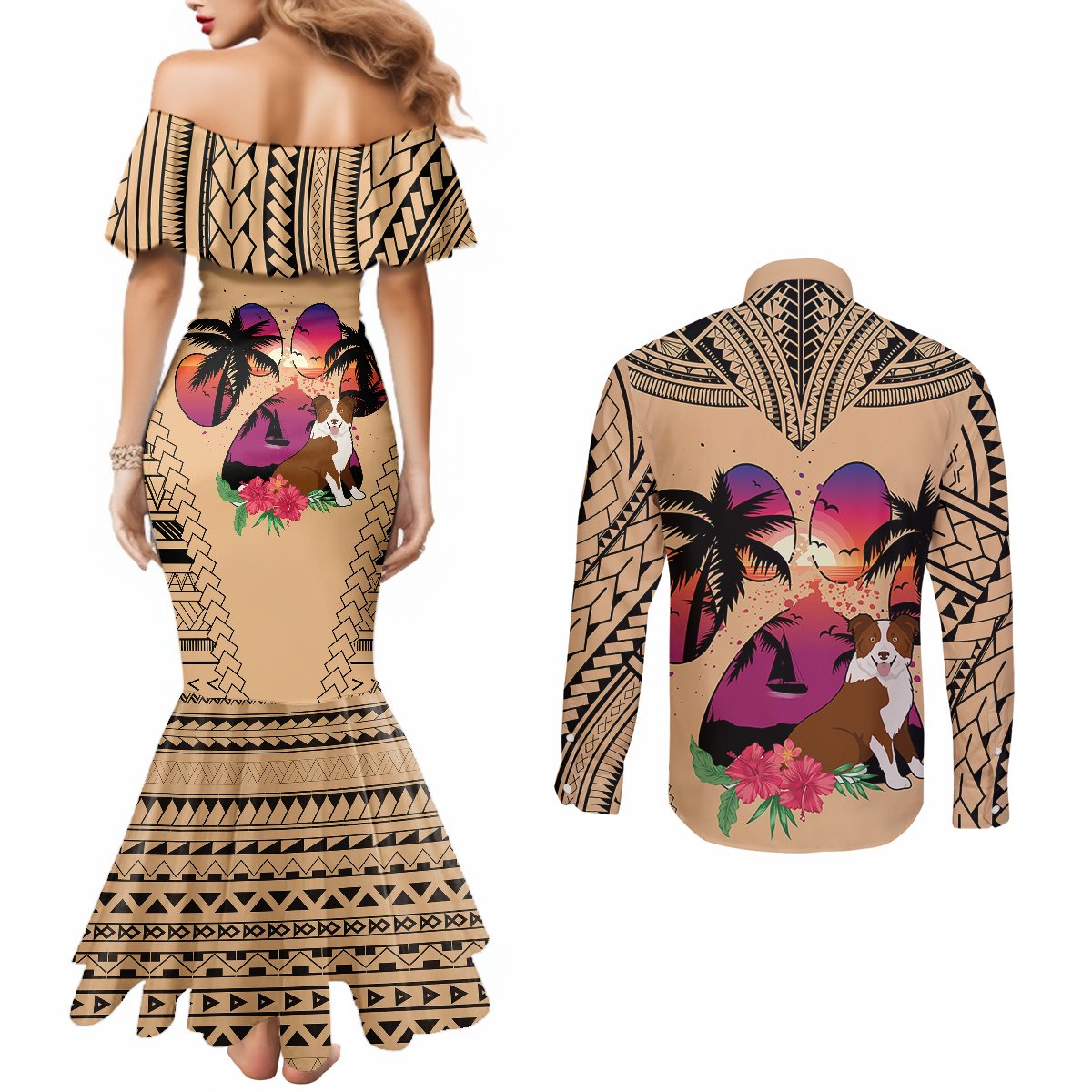 polynesian-couples-matching-mermaid-dress-and-long-sleeve-button-shirts-dog-lover-with-border-collie-sunset-at-the-beach
