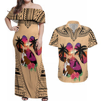 Polynesian Couples Matching Off Shoulder Maxi Dress and Hawaiian Shirt Dog Lover With Border Collie - Sunset At The Beach LT7 - Wonder Print Shop