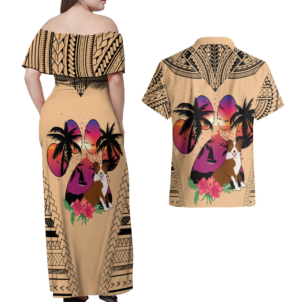 Polynesian Couples Matching Off Shoulder Maxi Dress and Hawaiian Shirt Dog Lover With Border Collie - Sunset At The Beach LT7 - Wonder Print Shop