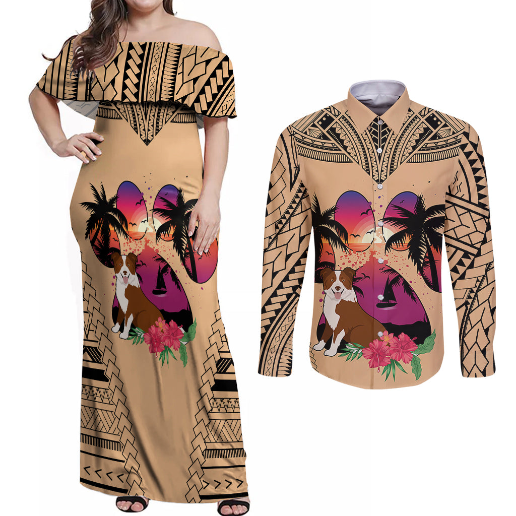 Polynesian Couples Matching Off Shoulder Maxi Dress and Long Sleeve Button Shirts Dog Lover With Border Collie - Sunset At The Beach LT7 - Wonder Print Shop