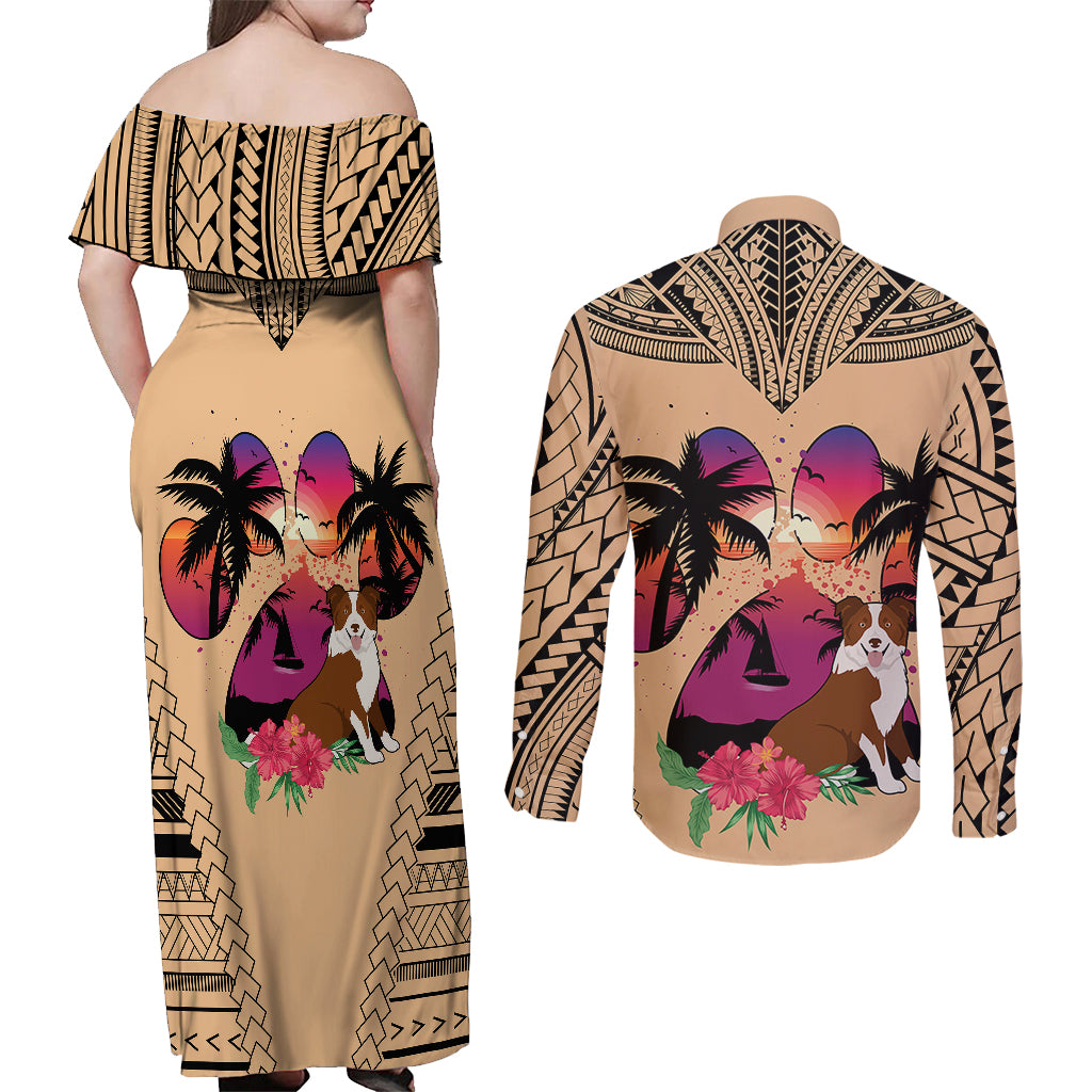 Polynesian Couples Matching Off Shoulder Maxi Dress and Long Sleeve Button Shirts Dog Lover With Border Collie - Sunset At The Beach LT7 - Wonder Print Shop