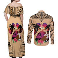 Polynesian Couples Matching Off Shoulder Maxi Dress and Long Sleeve Button Shirts Dog Lover With Border Collie - Sunset At The Beach LT7 - Wonder Print Shop