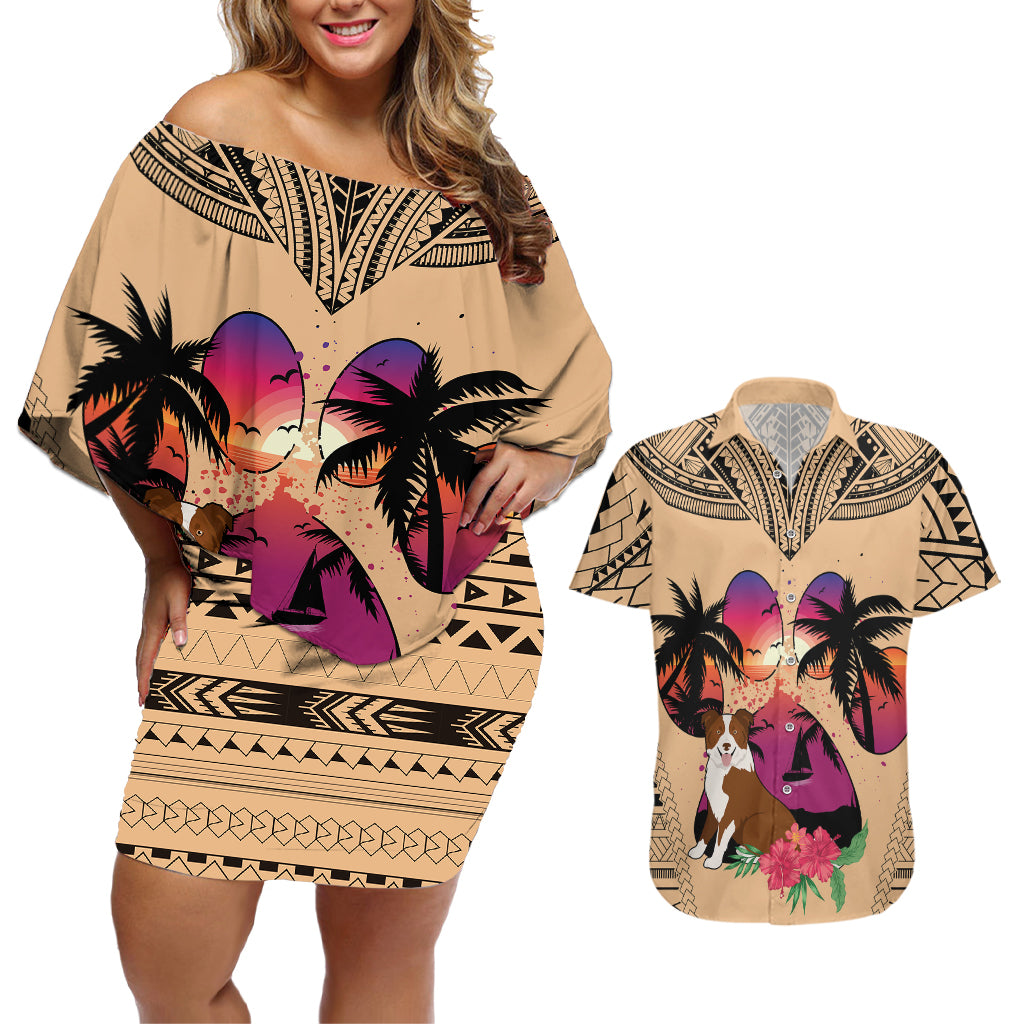 Polynesian Couples Matching Off Shoulder Short Dress and Hawaiian Shirt Dog Lover With Border Collie - Sunset At The Beach LT7 - Wonder Print Shop