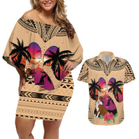 Polynesian Couples Matching Off Shoulder Short Dress and Hawaiian Shirt Dog Lover With Border Collie - Sunset At The Beach LT7 - Wonder Print Shop