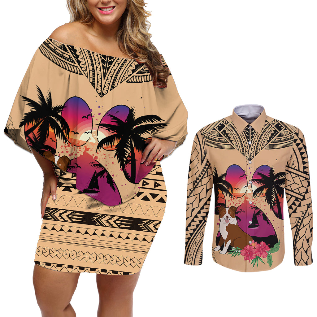 Polynesian Couples Matching Off Shoulder Short Dress and Long Sleeve Button Shirts Dog Lover With Border Collie - Sunset At The Beach LT7 - Wonder Print Shop