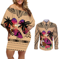 Polynesian Couples Matching Off Shoulder Short Dress and Long Sleeve Button Shirts Dog Lover With Border Collie - Sunset At The Beach LT7 - Wonder Print Shop