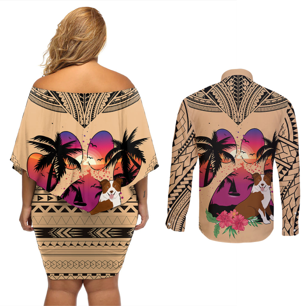 Polynesian Couples Matching Off Shoulder Short Dress and Long Sleeve Button Shirts Dog Lover With Border Collie - Sunset At The Beach LT7 - Wonder Print Shop