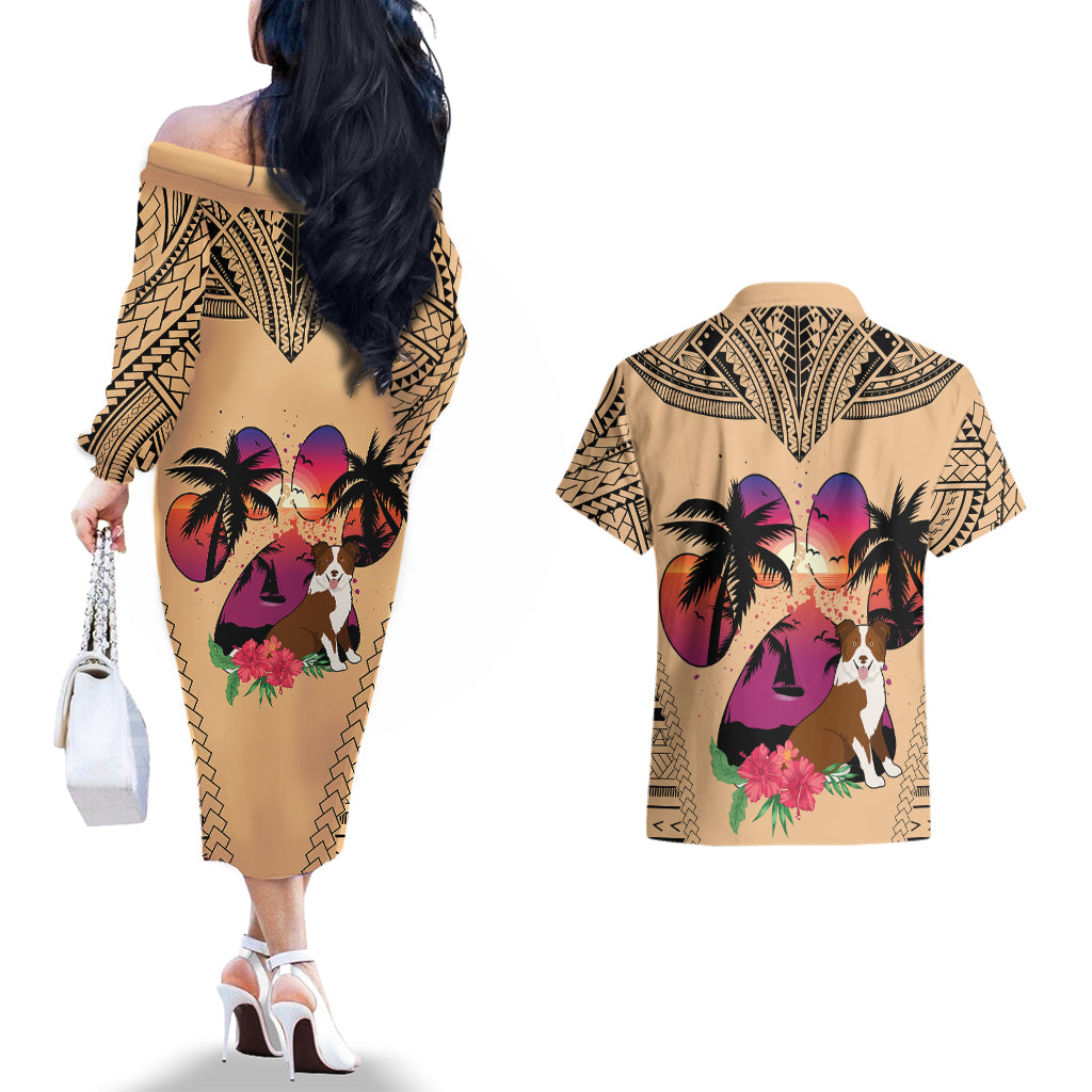 Polynesian Couples Matching Off The Shoulder Long Sleeve Dress and Hawaiian Shirt Dog Lover With Border Collie - Sunset At The Beach LT7 - Wonder Print Shop