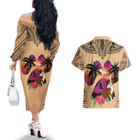 Polynesian Couples Matching Off The Shoulder Long Sleeve Dress and Hawaiian Shirt Dog Lover With Border Collie - Sunset At The Beach LT7 - Wonder Print Shop