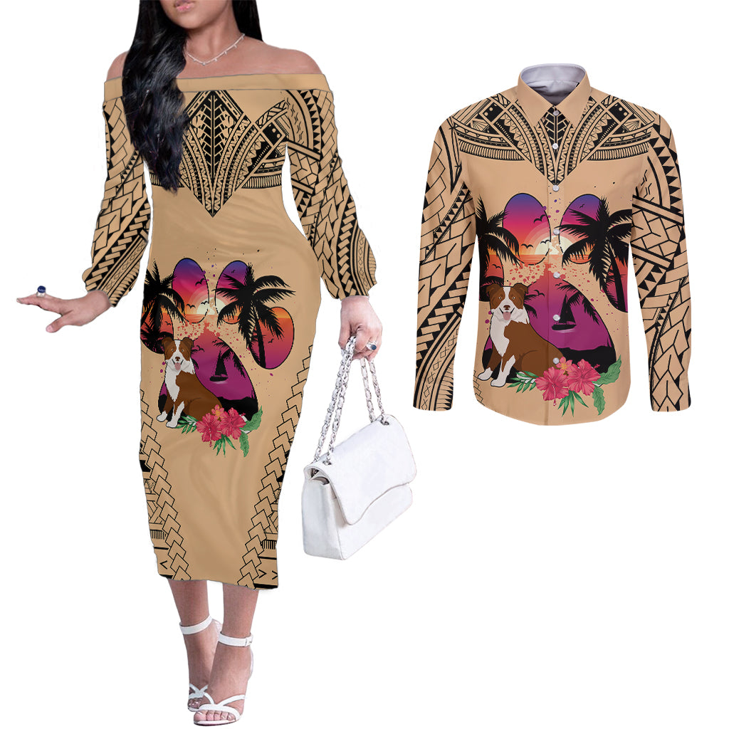 polynesian-couples-matching-off-the-shoulder-long-sleeve-dress-and-long-sleeve-button-shirts-dog-lover-with-border-collie-sunset-at-the-beach