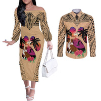 polynesian-couples-matching-off-the-shoulder-long-sleeve-dress-and-long-sleeve-button-shirts-dog-lover-with-border-collie-sunset-at-the-beach