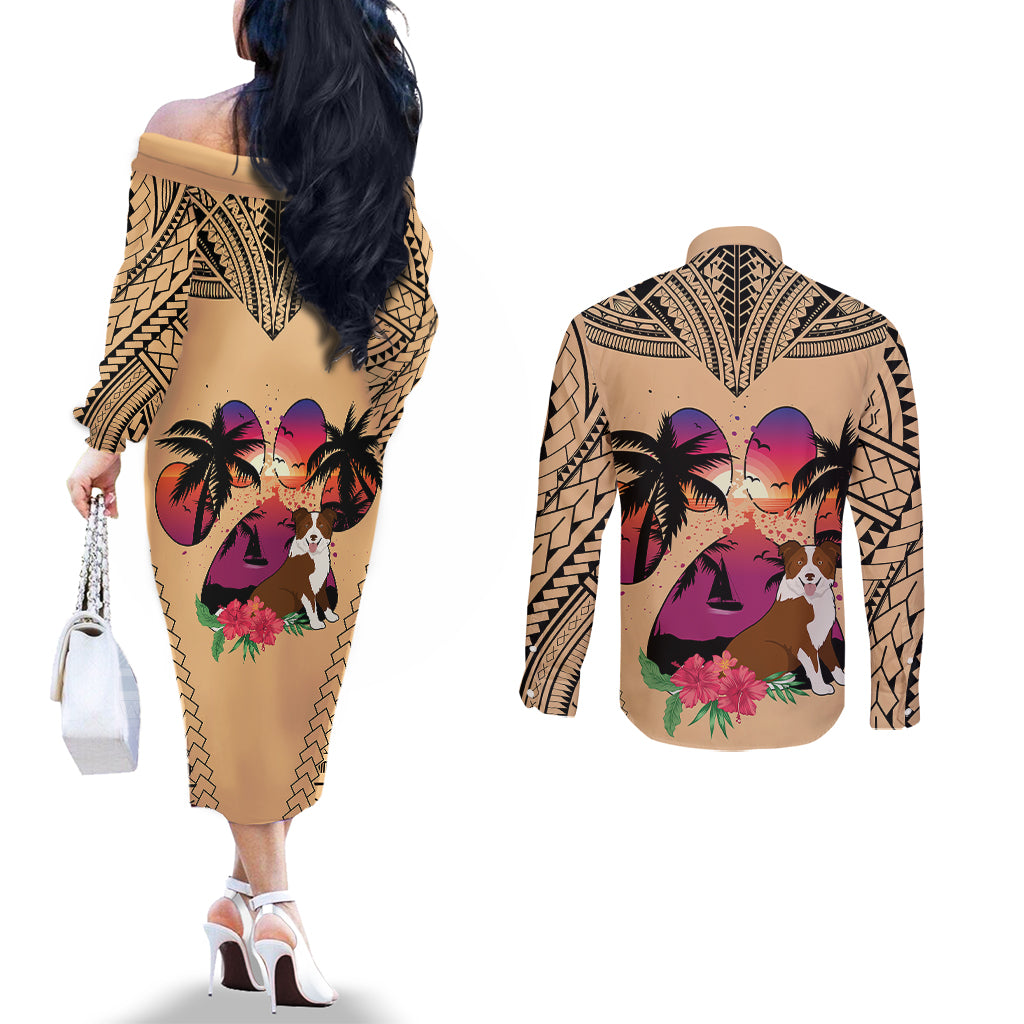 polynesian-couples-matching-off-the-shoulder-long-sleeve-dress-and-long-sleeve-button-shirts-dog-lover-with-border-collie-sunset-at-the-beach