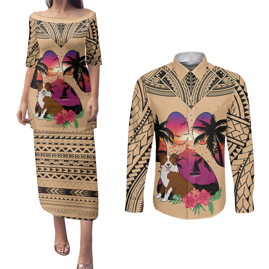 Polynesian Couples Matching Puletasi Dress and Long Sleeve Button Shirts Dog Lover With Border Collie - Sunset At The Beach LT7 - Wonder Print Shop