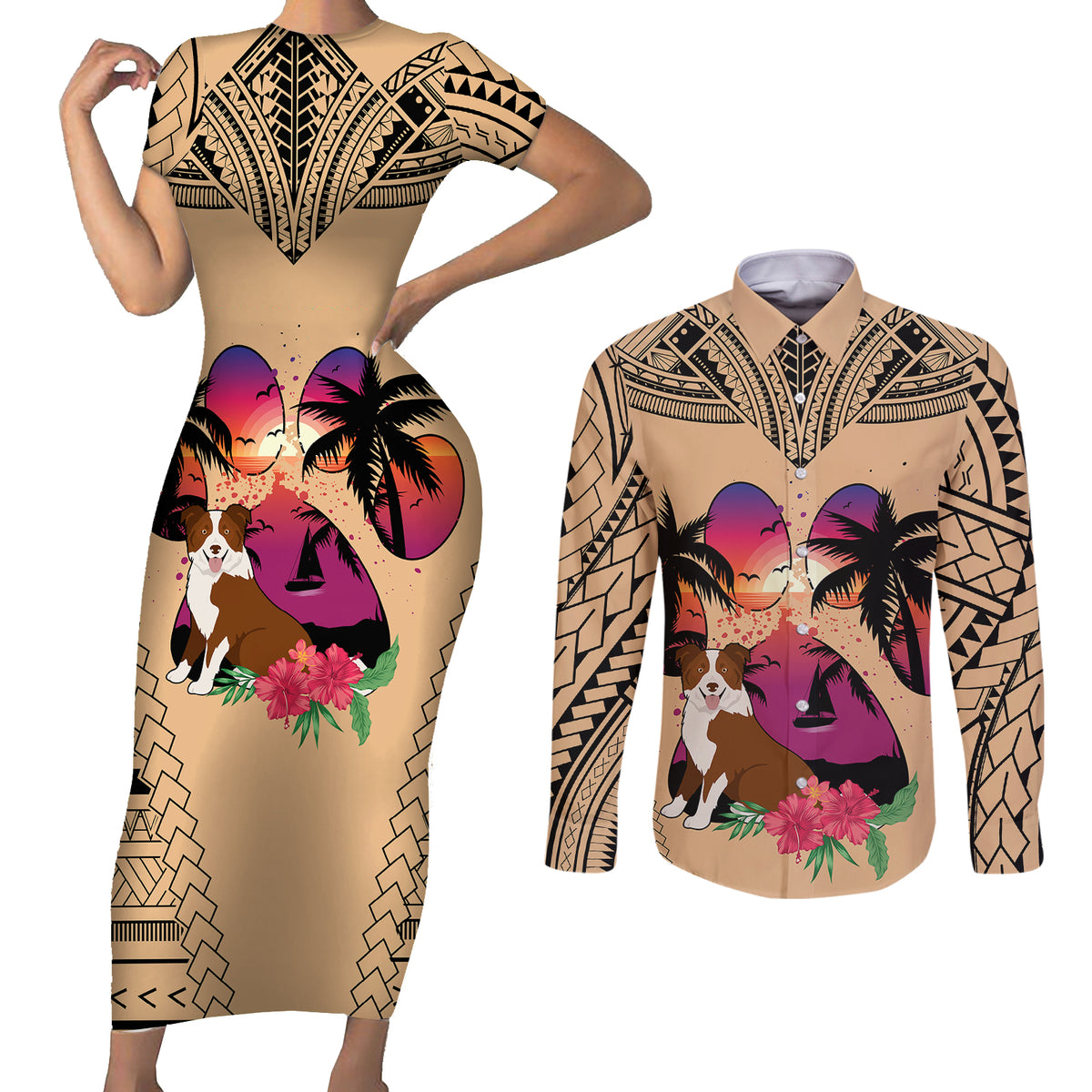 Polynesian Couples Matching Short Sleeve Bodycon Dress and Long Sleeve Button Shirts Dog Lover With Border Collie - Sunset At The Beach LT7 - Wonder Print Shop