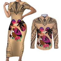 Polynesian Couples Matching Short Sleeve Bodycon Dress and Long Sleeve Button Shirts Dog Lover With Border Collie - Sunset At The Beach LT7 - Wonder Print Shop