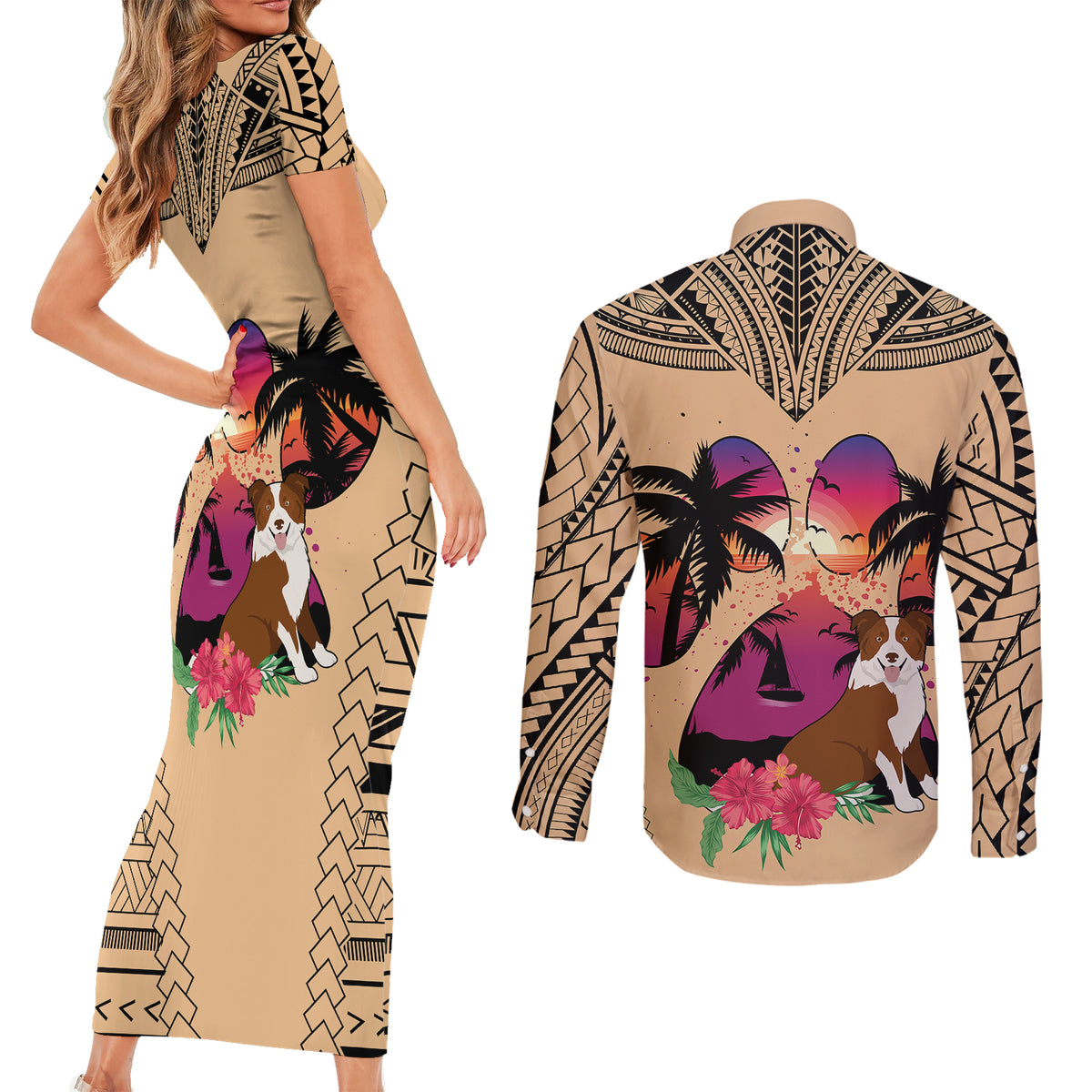 Polynesian Couples Matching Short Sleeve Bodycon Dress and Long Sleeve Button Shirts Dog Lover With Border Collie - Sunset At The Beach LT7 - Wonder Print Shop