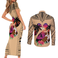 Polynesian Couples Matching Short Sleeve Bodycon Dress and Long Sleeve Button Shirts Dog Lover With Border Collie - Sunset At The Beach LT7 - Wonder Print Shop