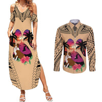Polynesian Couples Matching Summer Maxi Dress and Long Sleeve Button Shirts Dog Lover With Border Collie - Sunset At The Beach LT7 - Wonder Print Shop