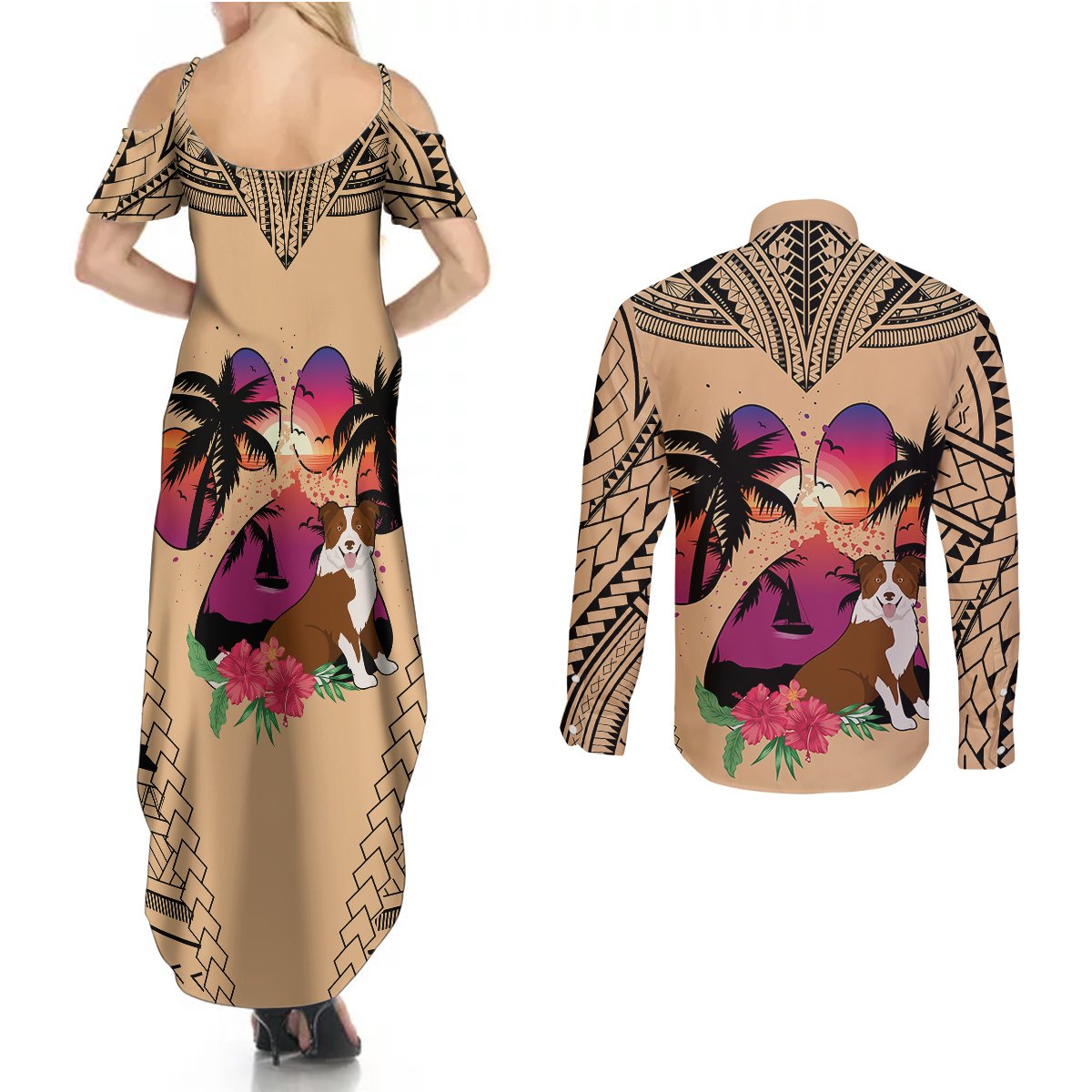 Polynesian Couples Matching Summer Maxi Dress and Long Sleeve Button Shirts Dog Lover With Border Collie - Sunset At The Beach LT7 - Wonder Print Shop