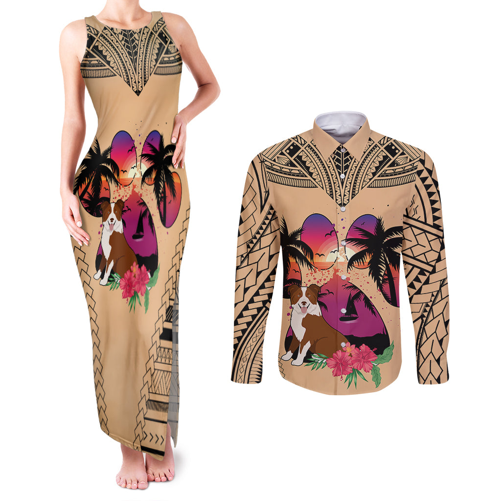 Polynesian Couples Matching Tank Maxi Dress and Long Sleeve Button Shirts Dog Lover With Border Collie - Sunset At The Beach LT7 - Wonder Print Shop