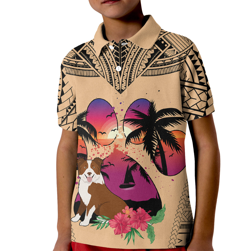Polynesian Kid Polo Shirt Dog Lover With Border Collie - Sunset At The Beach - Wonder Print Shop
