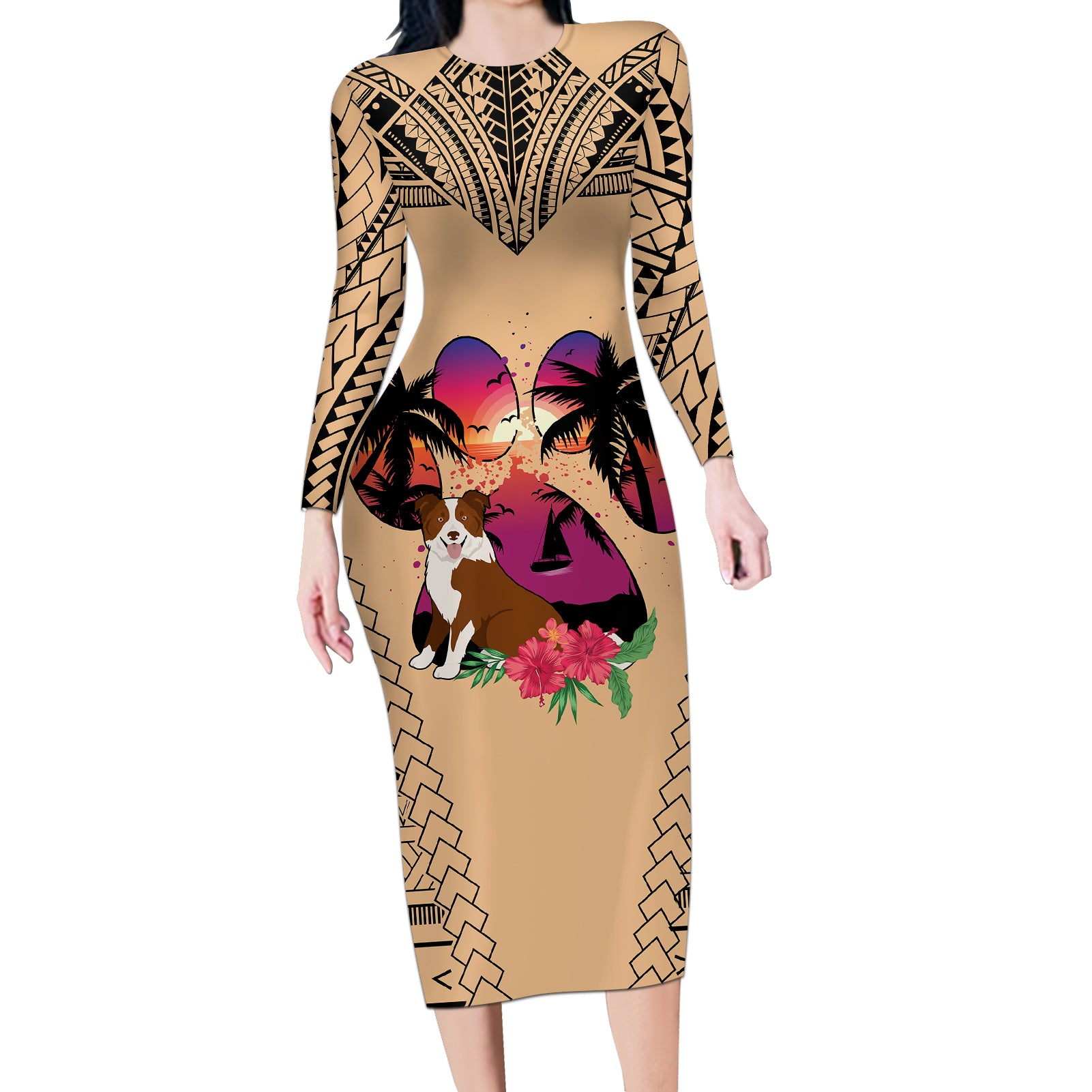 Polynesian Long Sleeve Bodycon Dress Dog Lover With Border Collie - Sunset At The Beach - Wonder Print Shop
