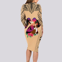 Polynesian Long Sleeve Bodycon Dress Dog Lover With Border Collie - Sunset At The Beach - Wonder Print Shop