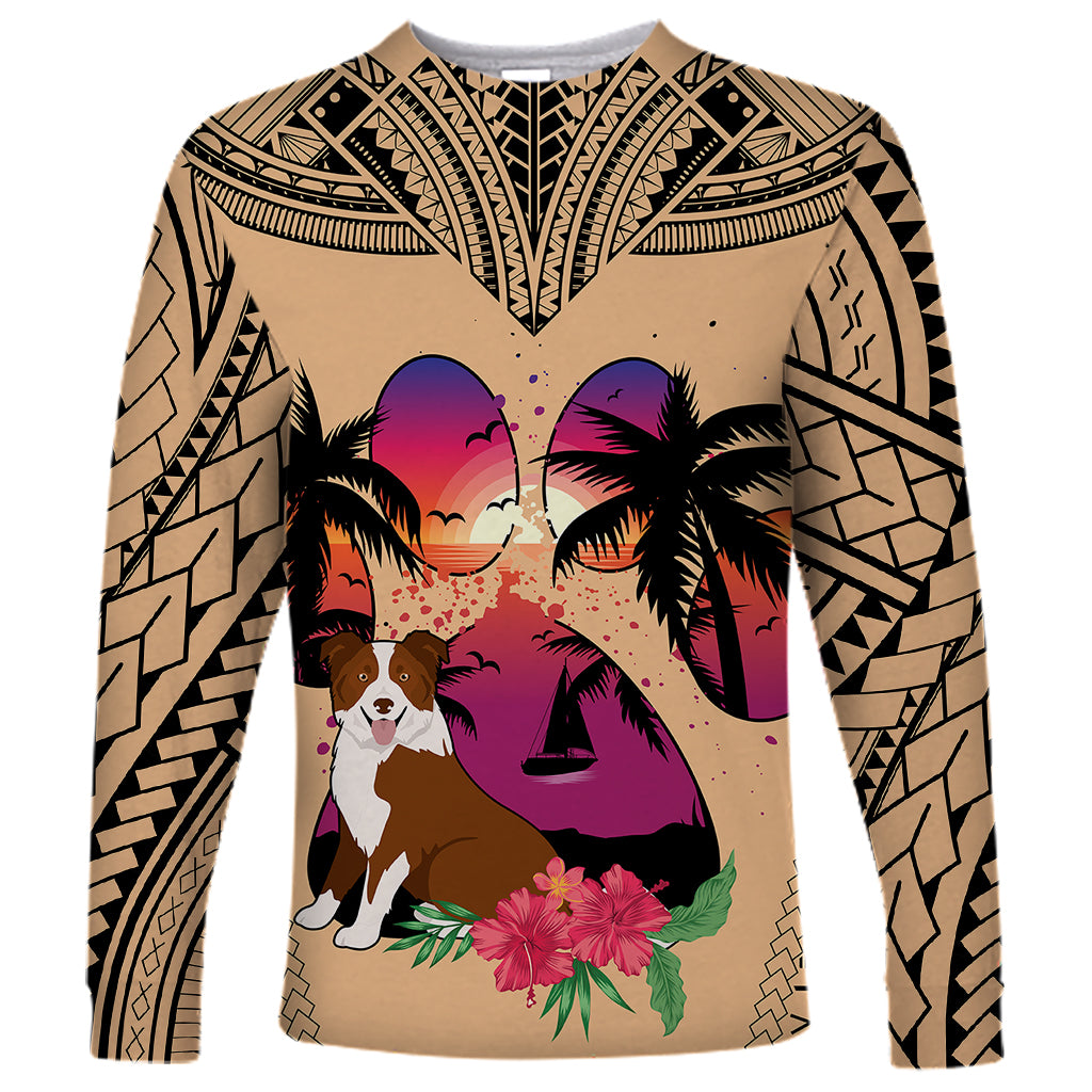 Polynesian Long Sleeve Shirt Dog Lover With Border Collie - Sunset At The Beach - Wonder Print Shop