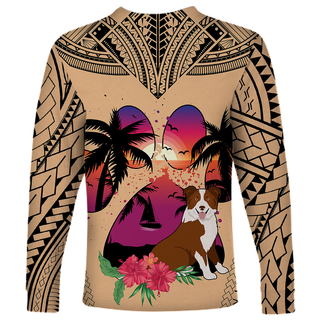 Polynesian Long Sleeve Shirt Dog Lover With Border Collie - Sunset At The Beach - Wonder Print Shop