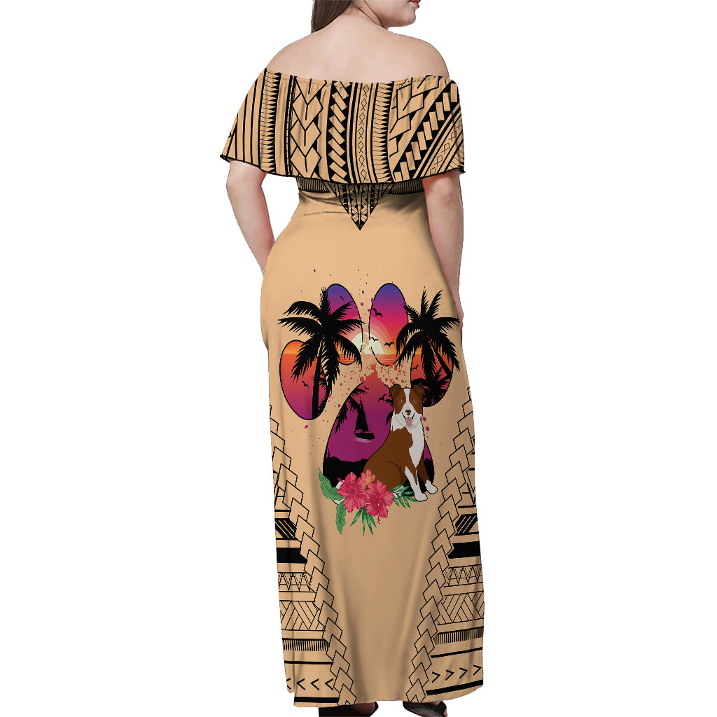 Polynesian Off Shoulder Maxi Dress Dog Lover With Border Collie - Sunset At The Beach - Wonder Print Shop
