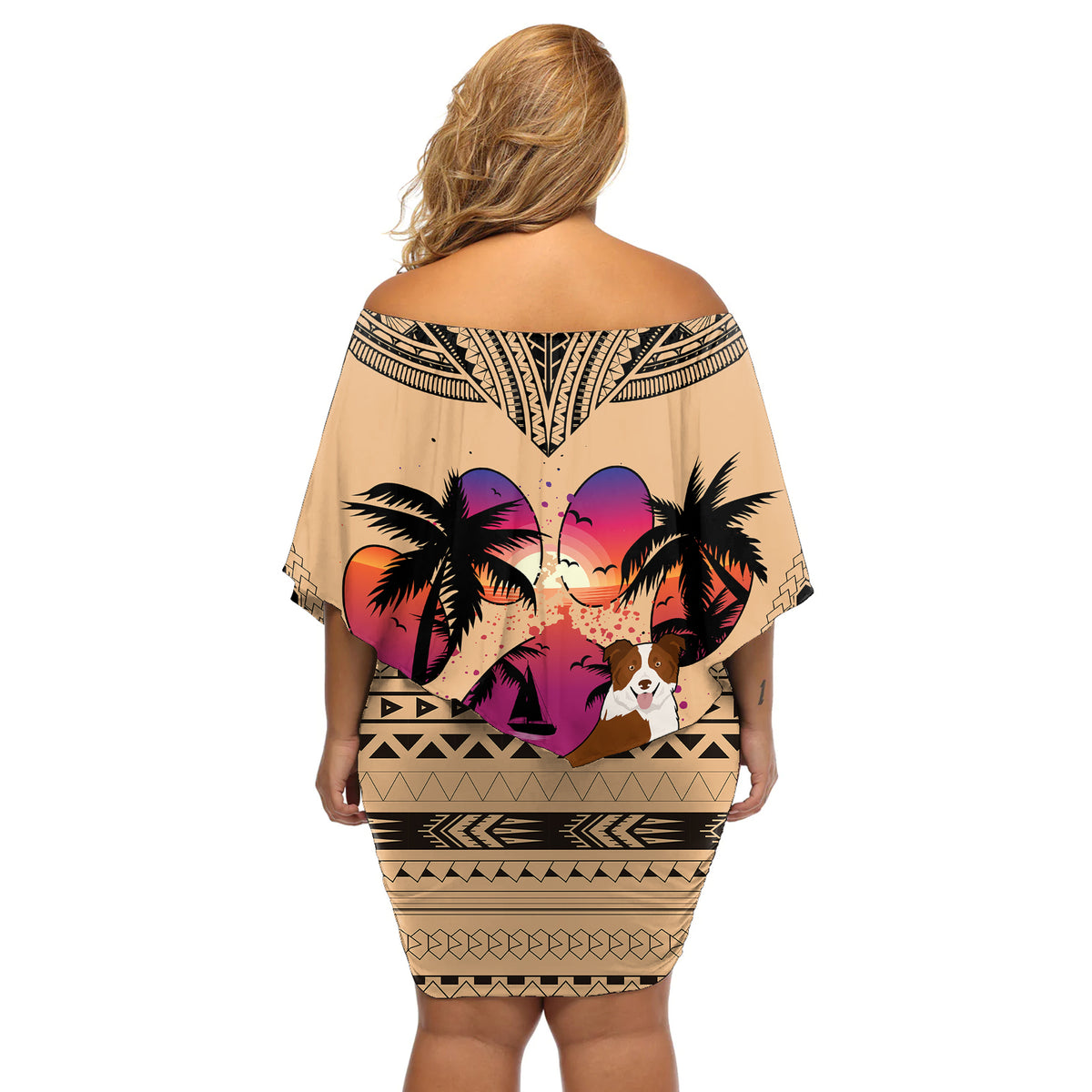 Polynesian Off Shoulder Short Dress Dog Lover With Border Collie - Sunset At The Beach - Wonder Print Shop