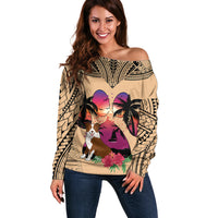 Polynesian Off Shoulder Sweater Dog Lover With Border Collie - Sunset At The Beach - Wonder Print Shop
