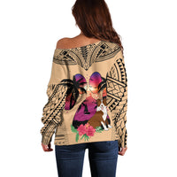 Polynesian Off Shoulder Sweater Dog Lover With Border Collie - Sunset At The Beach - Wonder Print Shop